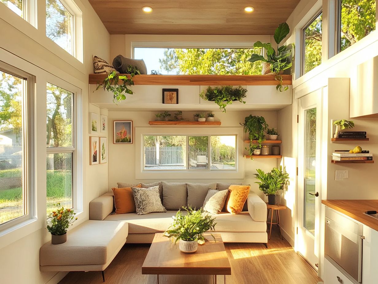 A cozy reading nook in a tiny house with warm lighting and inviting decor