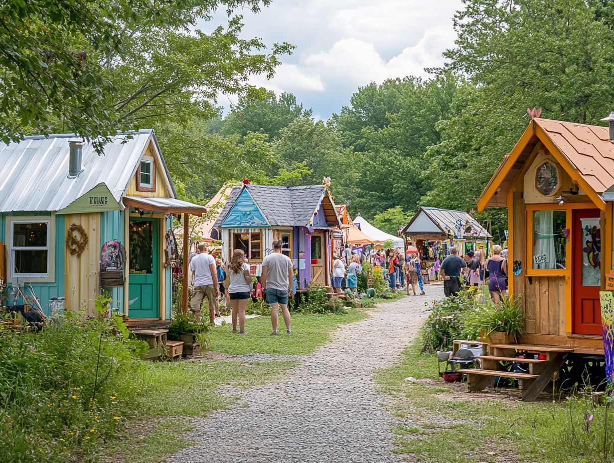 Illustration showing various tiny house designs at a festival