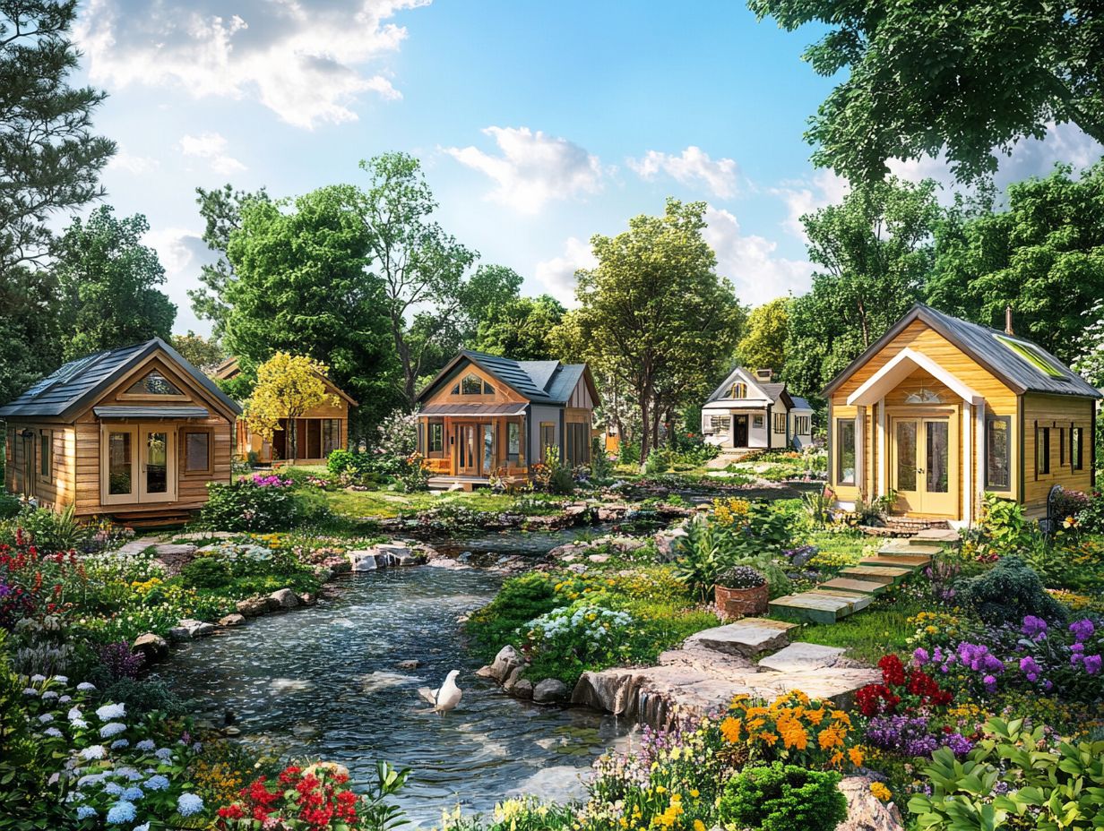 An illustration of sustainable living practices in tiny house communities, showcasing gardens and eco-friendly designs.