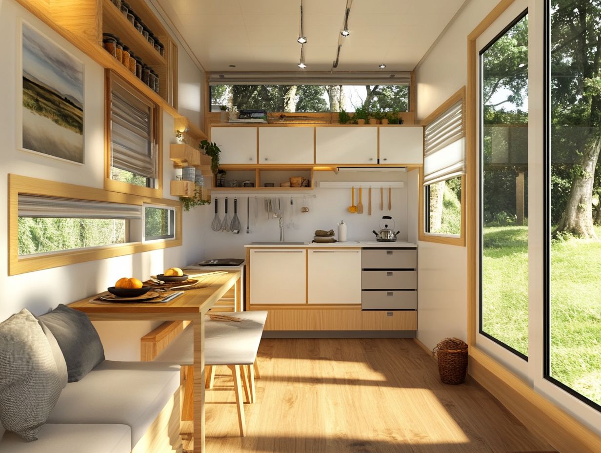 An example of a multi-functional coffee table transforming into a dining table in a cozy tiny house.