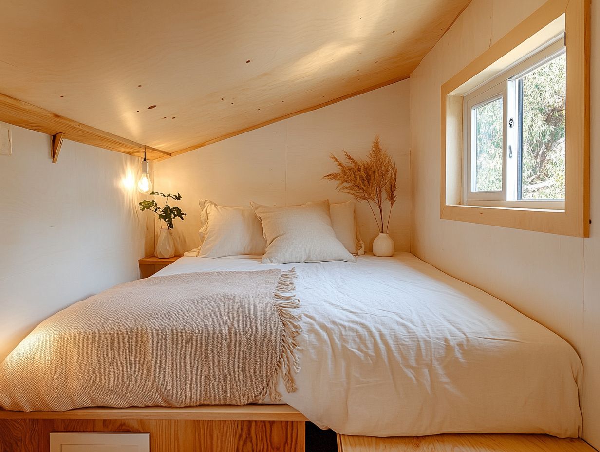 A cozy tiny house bedroom design illustrating innovative storage.