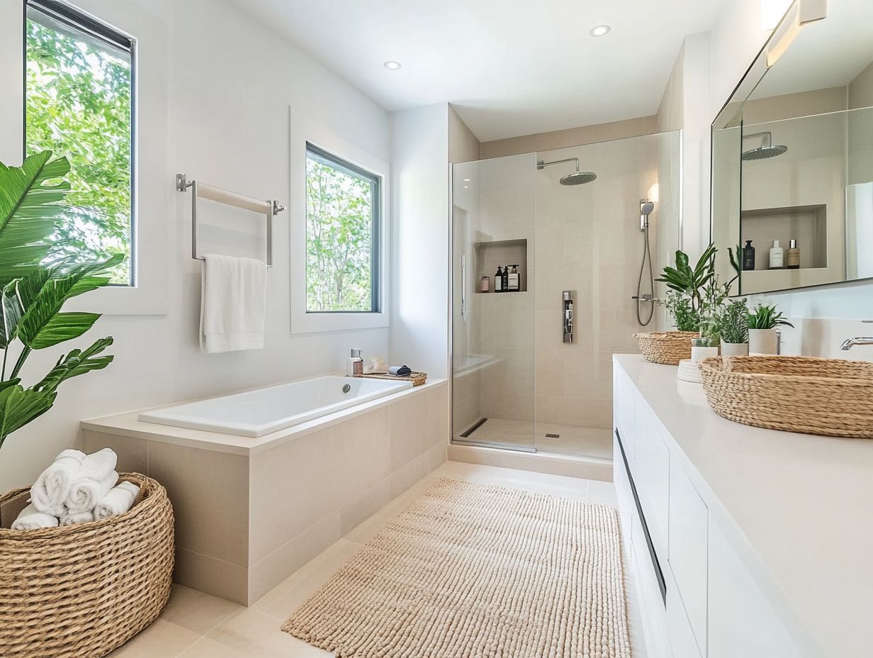 A small bathroom showcasing vertical space utilization with shelves and floating vanities.