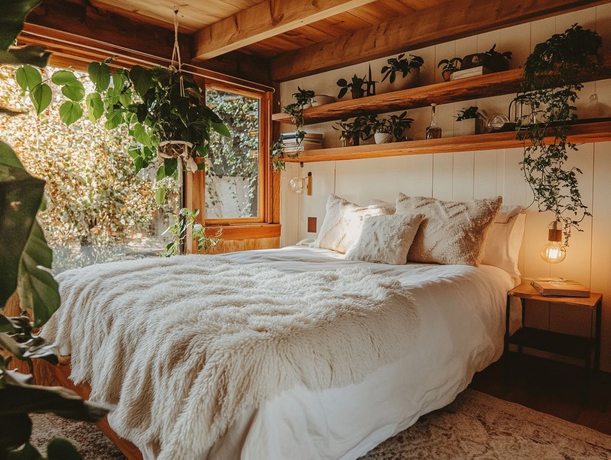 Cozy tiny house bedroom with warm colors and soft textures.