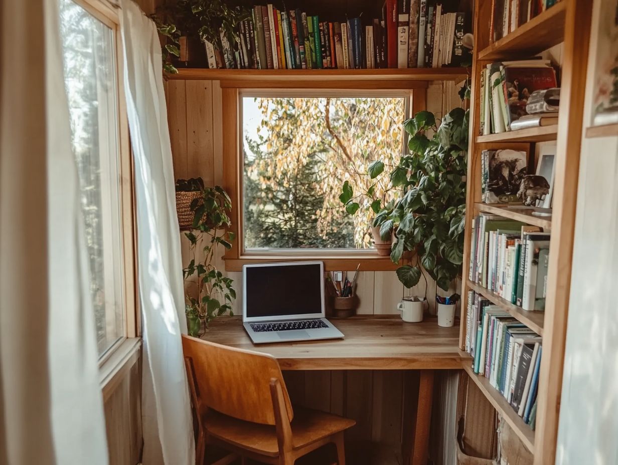 A bright and green tiny home office featuring natural light and plants.