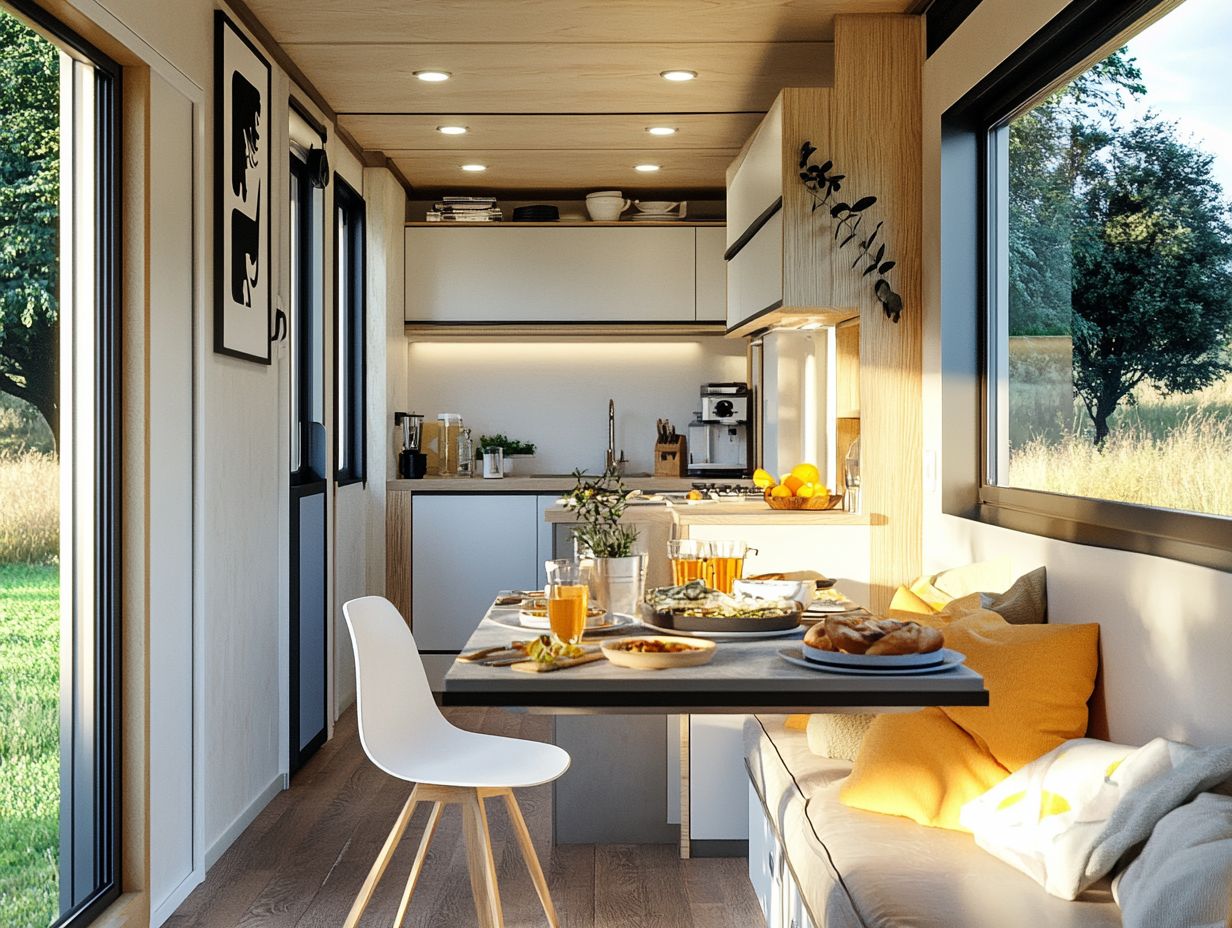 An inviting open-concept living area in a tiny house, ideal for entertaining guests.