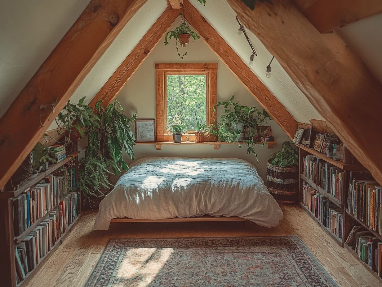 A beautifully decorated attic space with cozy furniture and warm lighting.