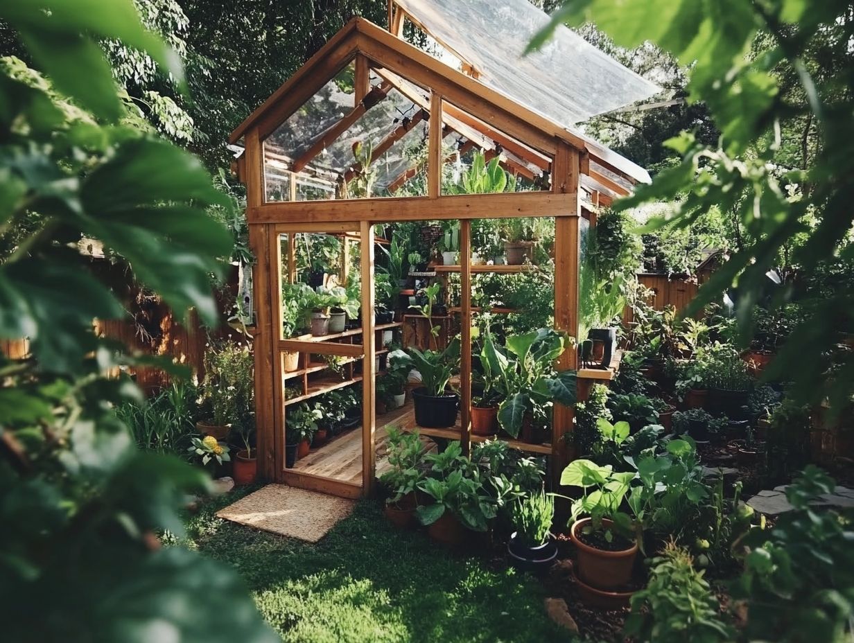 A well-maintained tiny house greenhouse showcasing healthy plants