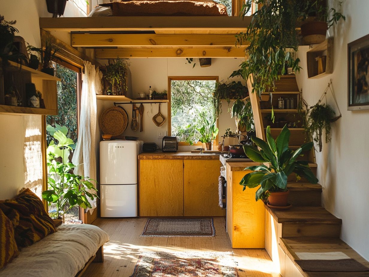 A stylish tiny house featuring sustainable materials in its design.