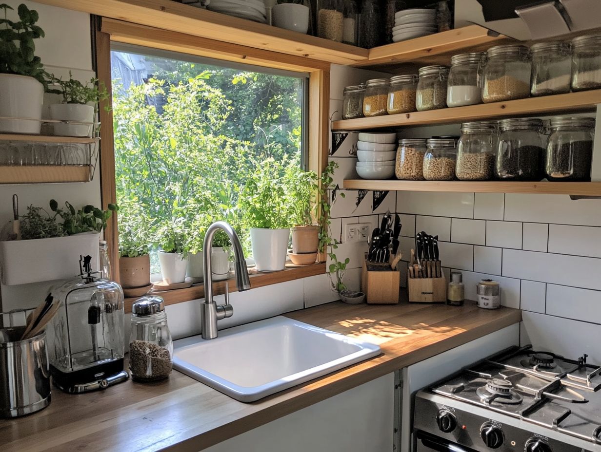 An organized tiny house kitchen showcasing creative cooking techniques