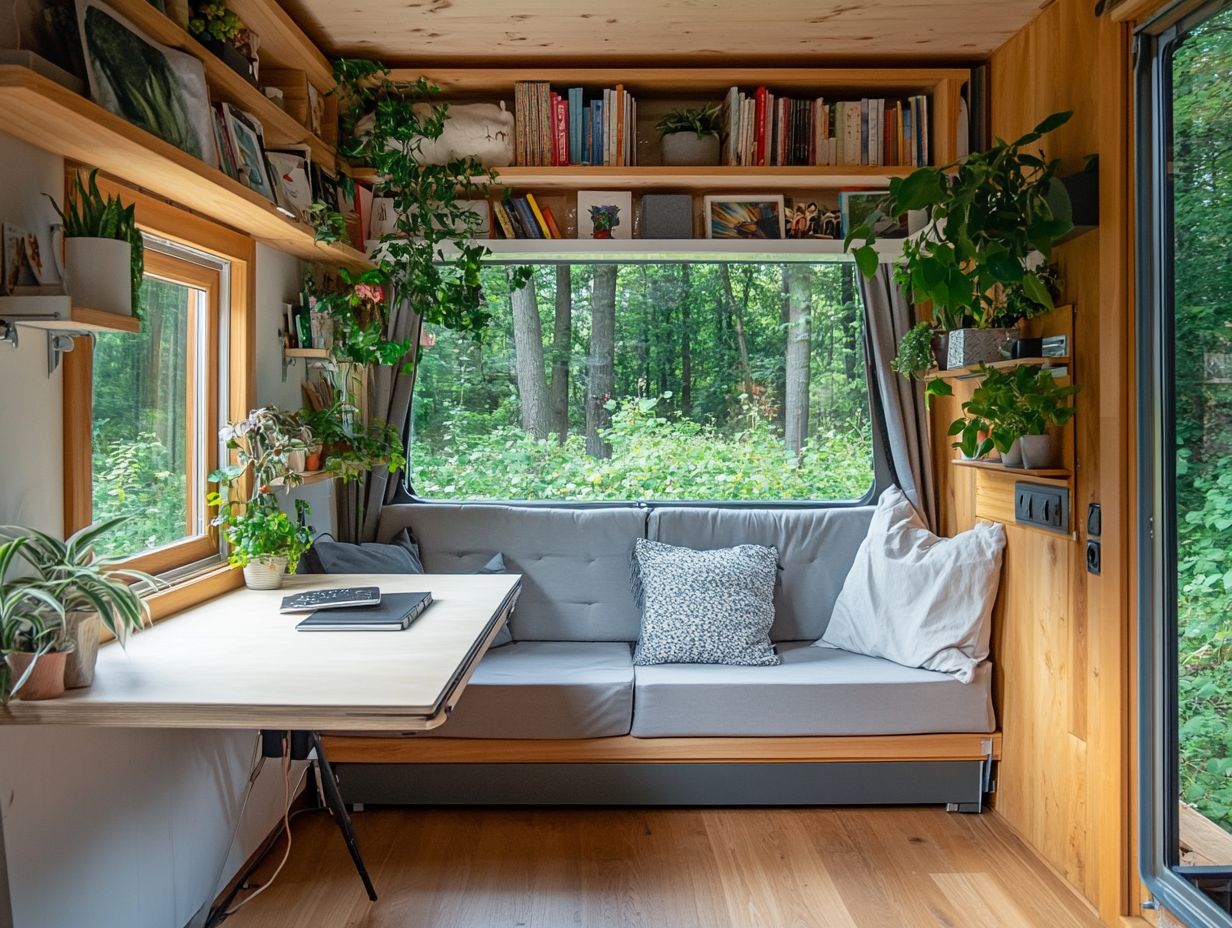 A beautifully designed multi-functional tiny house room showing smart furniture solutions
