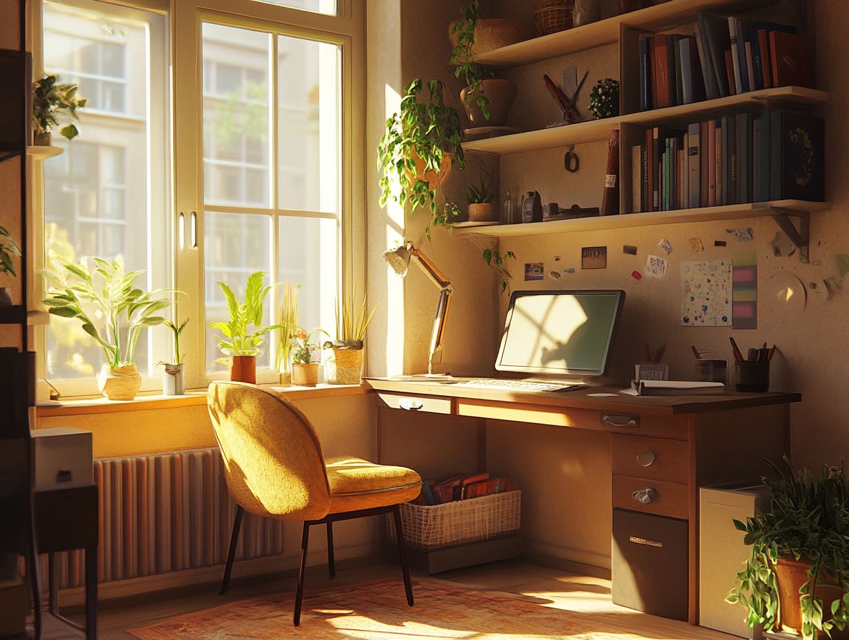 A well-organized tiny house workspace with modular shelving and a foldable desk.