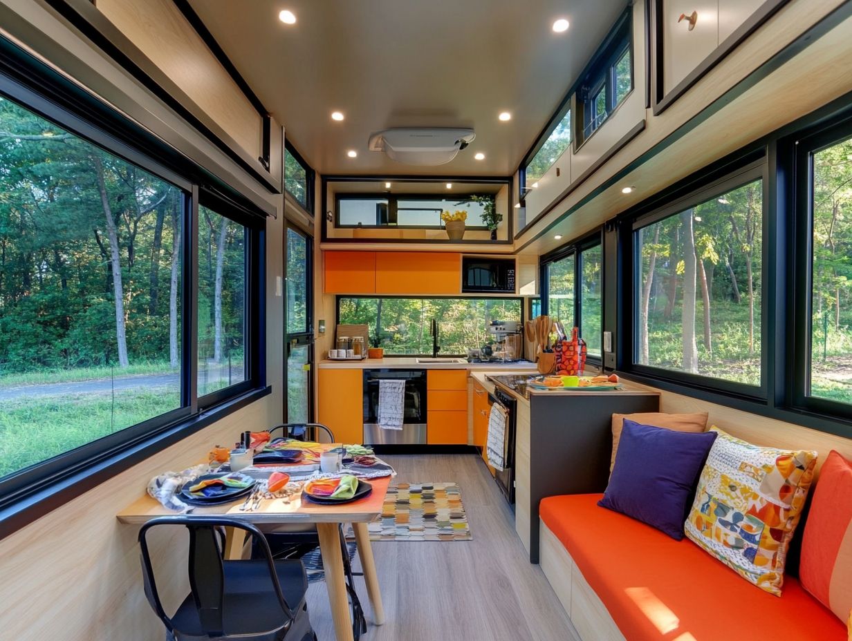 A family enjoying a multi-purpose space in a tiny house, featuring a fold-down table and modular furniture.