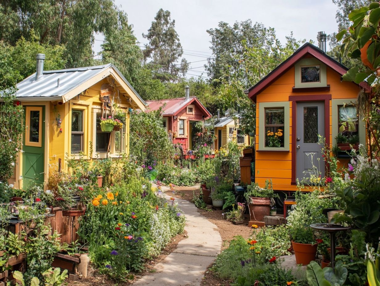 A vibrant tiny house community layout showcasing homes and shared spaces