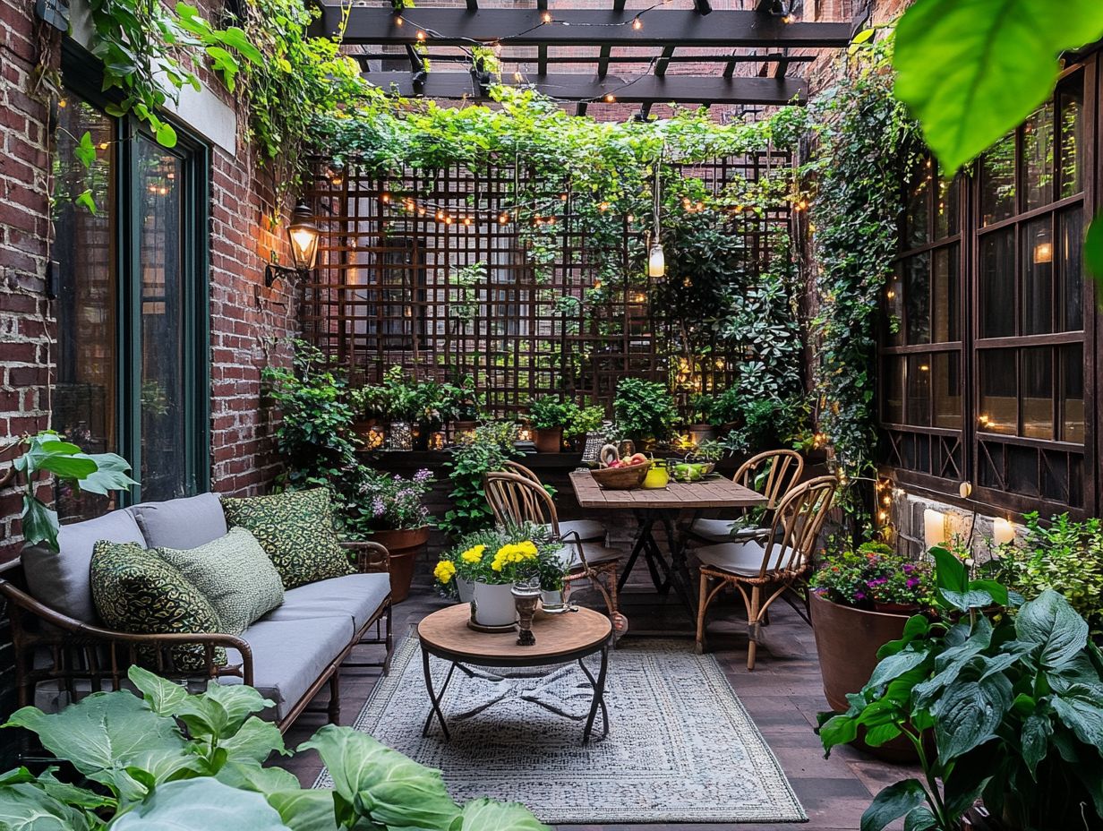 A small outdoor space filled with greenery and cozy seating