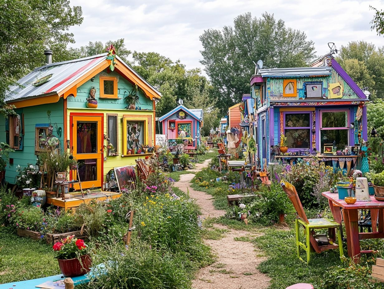 A beautiful view of the Tiny House Village at Mt. Hood, showcasing its artistic community.