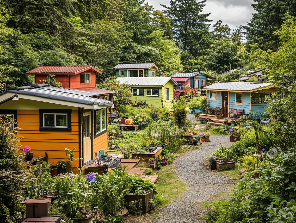 A picturesque view of a tiny house community with sustainable living elements