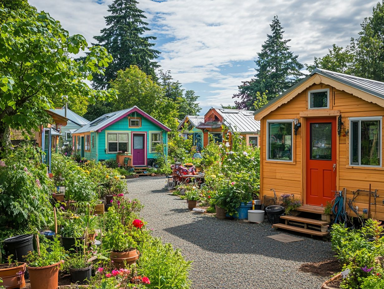 A vibrant tiny house community showcasing small homes and communal spaces