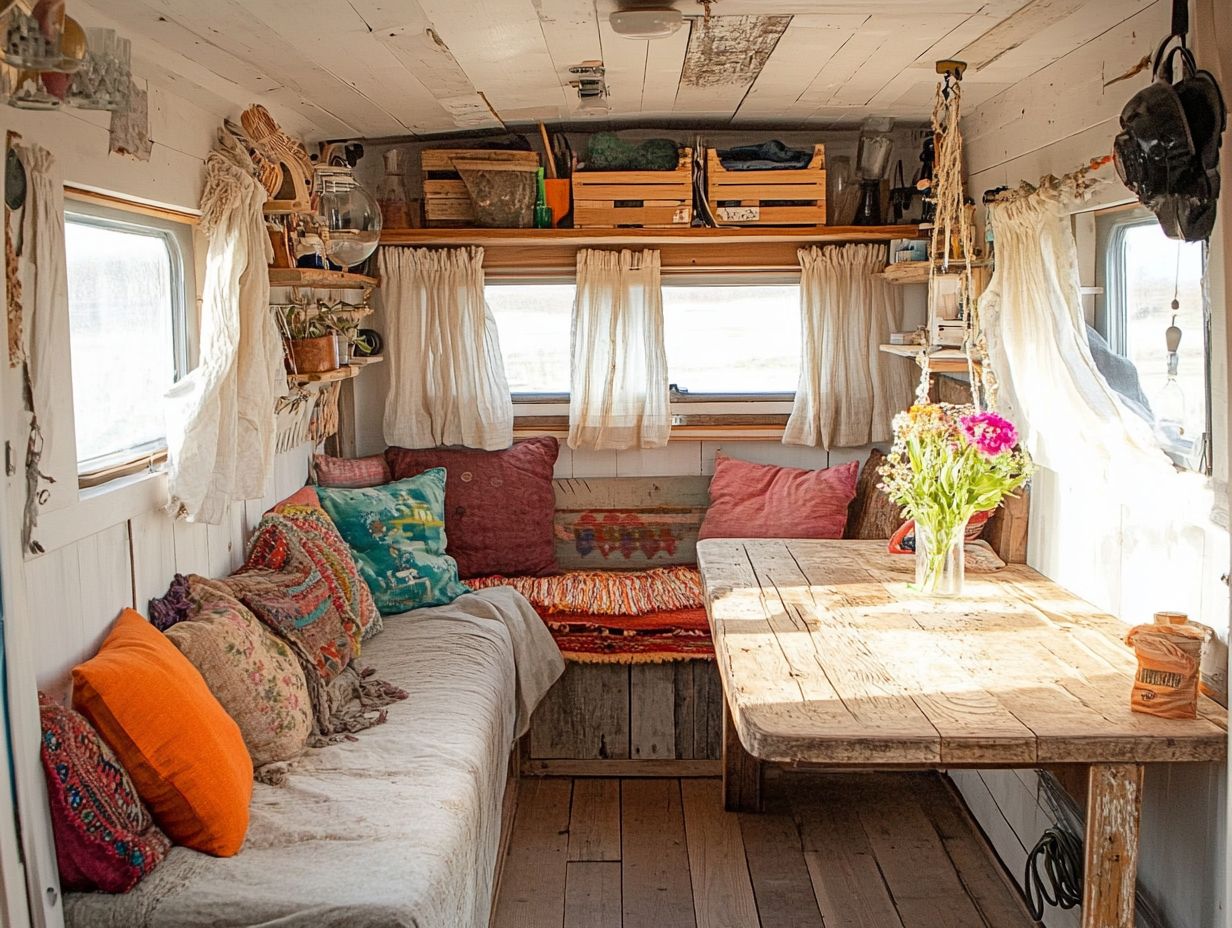 Colorful upcycled textiles in a cozy tiny house interior.