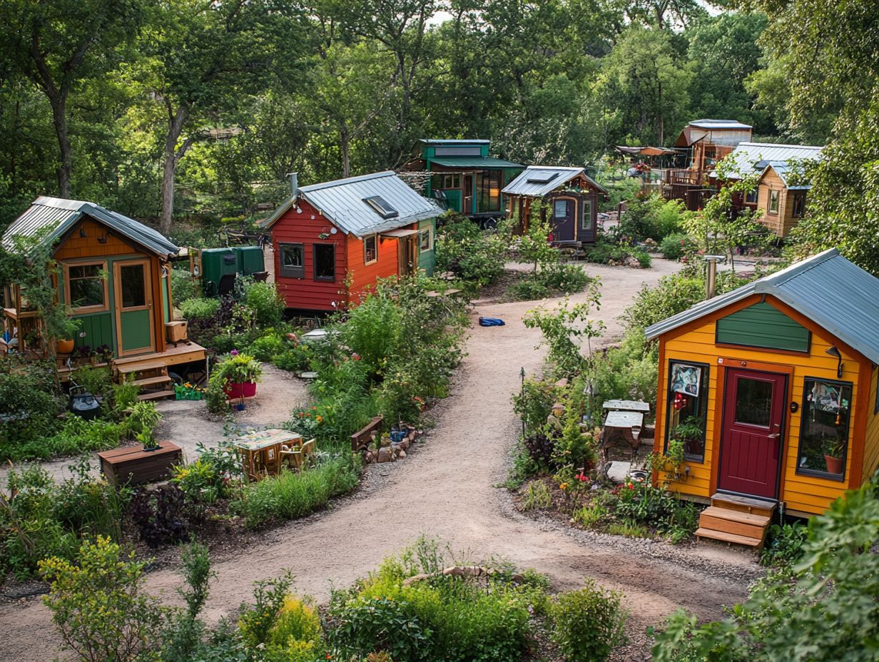 A vibrant tiny house community showcasing various styles of tiny homes and communal spaces.